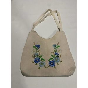 Blue Silk Embroidered Beaded Floral Handbag Clutch